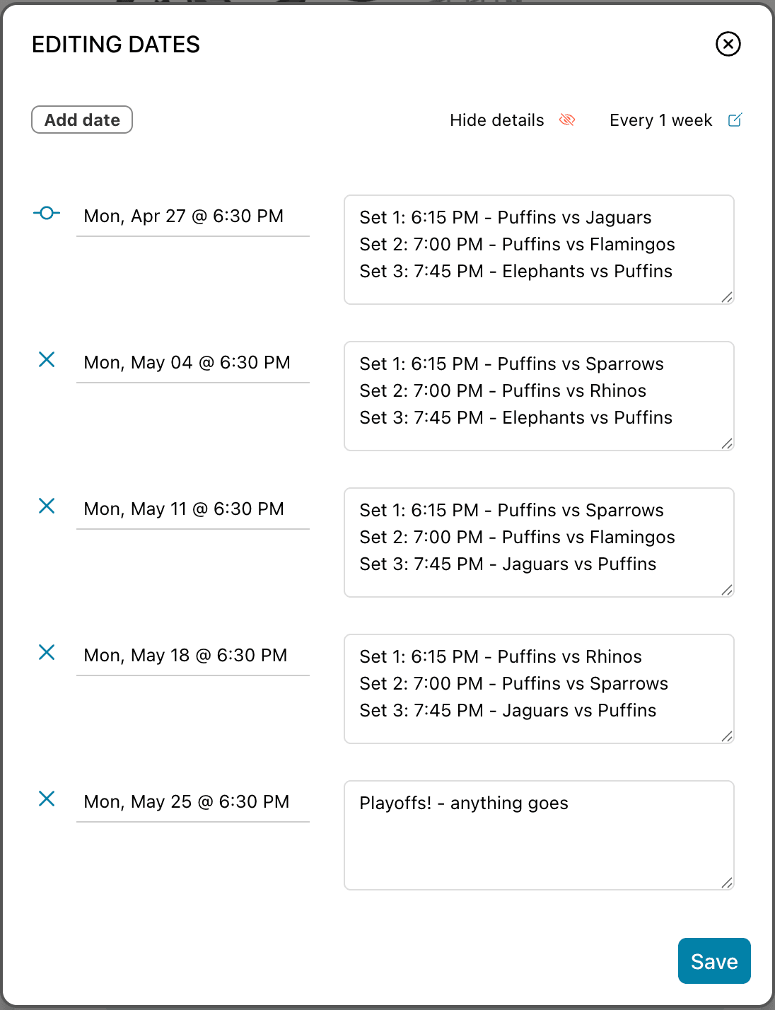 Sample showing the view of adding multiple dates