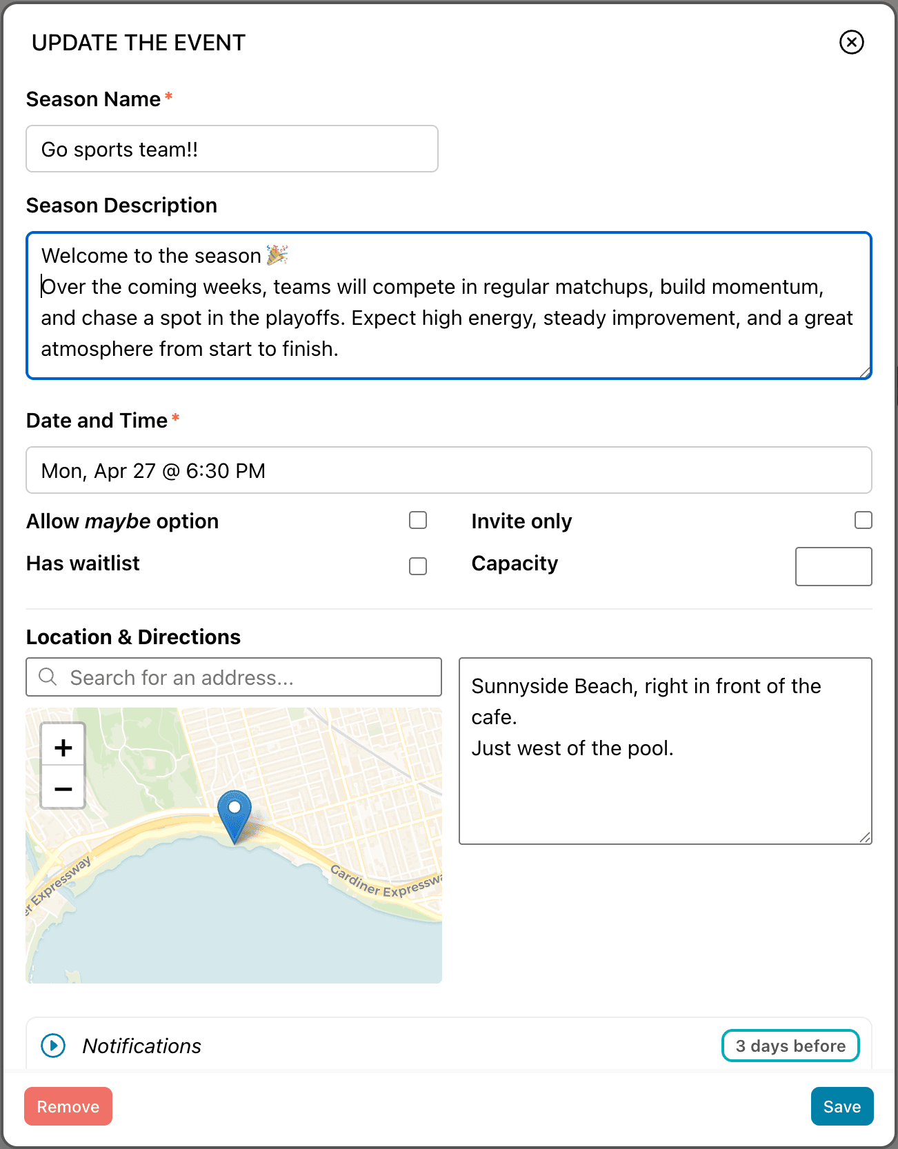 Sample showing how to create an event