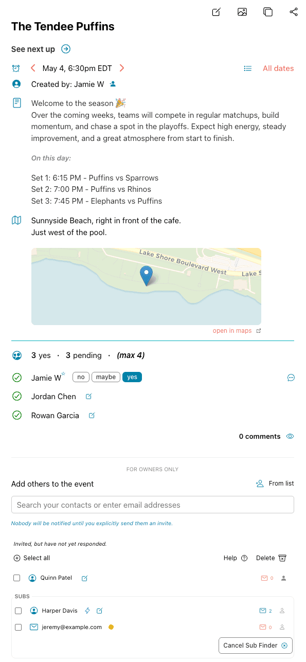 Sample season on Tendee