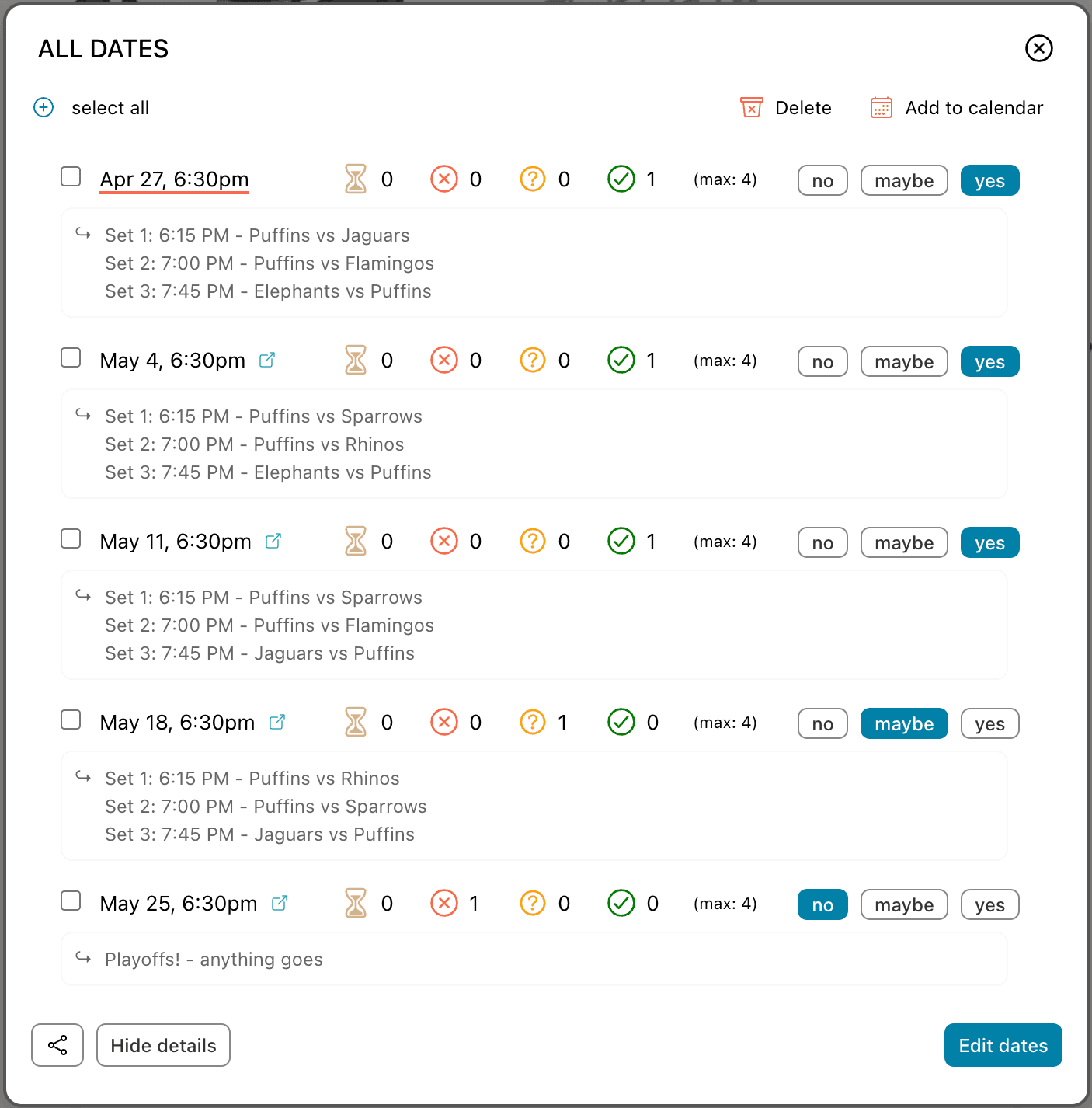 Sample event with view of all responses