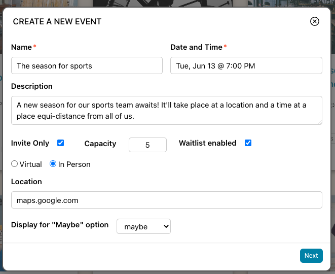 Sample showing how to create an event